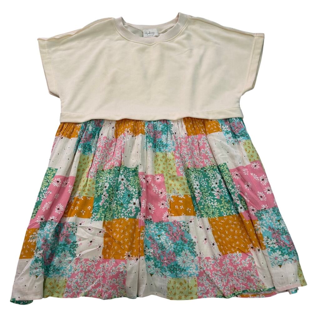 In February Cream Patchwork Floral Mixed Media Mini Dress Women's Small - Picture 2 of 14